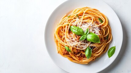 Elegant Overhead Shot of Delicious Spaghetti with Basil
