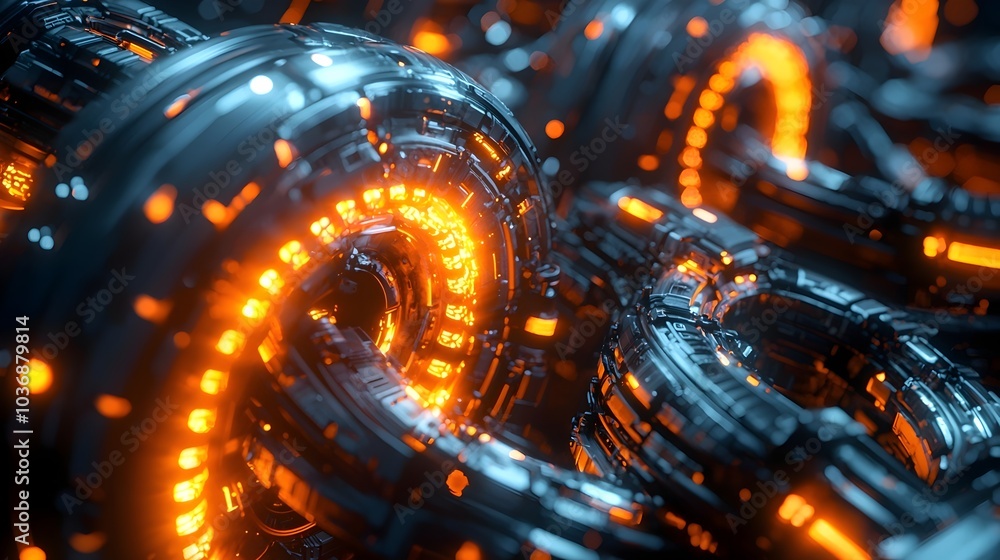 Poster Futuristic abstract illustration featuring intertwined metallic rings with glowing orange lights, creating a dynamic and technologically advanced visual effect.