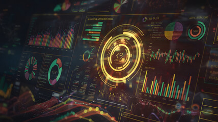 Fototapeta premium A futuristic data dashboard, glowing with vibrant charts and graphs, symbolizing business intelligence tools. ( Business Concept ).