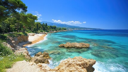Fototapeta premium Serene beach view with turquoise waters and rocks.