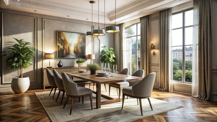 Elegant Dining Room with Large Window and Artwork â€“ Urban Exploration Photography, Interior Design Inspiration, Modern Home Decor, Natural Light, Cozy Ambiance, Stylish Furniture