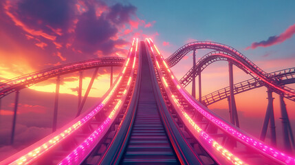 Fototapeta premium A vibrant roller coaster illuminated with neon lights rises dramatically into a colorful sunset sky. The glowing tracks give a dynamic and exciting atmosphere to the theme park.