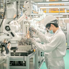 Factory worker in white uniform operates a robotic arm on a production line.