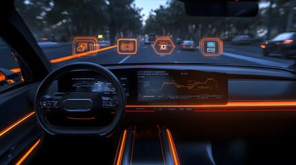 Obraz premium Car interior with Self driving , Auto pilot and internet of thin futuristic . icon illustration . Autonomous car system technology concept . 