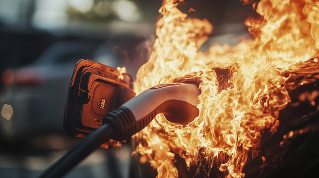 A dramatic scene of an electric car catching fire while charging. The burning flames and electric charger showcase the risks and safety challenges of modern electric vehicles