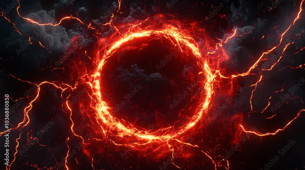 Poster a circular plasma effect with red lightning arcs and particles swirling around, the vibrant glow con