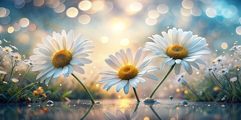 Enchanting double exposure featuring delicate white daisies intertwined with serene nature, showcasing floral artistry and dreamy landscapes that celebrate the beauty of the natural world.