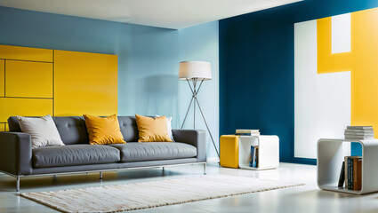 Modern Minimalist Room with Yellow and Blue Color Block Design