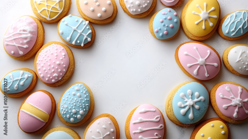 Poster happy easter display of multicolored pastel easter cookies arranged in a perfect circle on a minimal