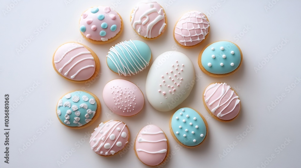 Poster happy easter display of multicolored pastel easter cookies arranged in a perfect circle on a minimal