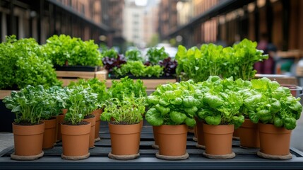 Urban Garden Display with Potted Plants Against City Background.