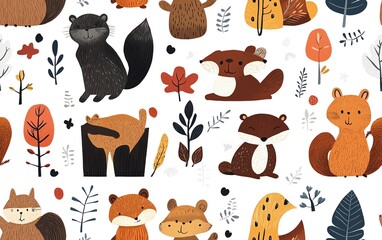 Cute woodland animals seamless pattern with raccoons, bears, squirrels and forest elements.