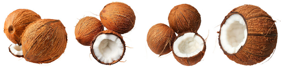 Description: A collection of whole and halved coconuts, showcasing the brown outer shell and white inner flesh against a transparent background.