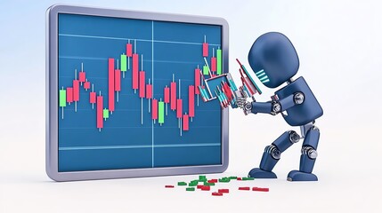 A futuristic robot trader short-circuiting as the stock graphs on its screen malfunction and crash, 3D illustration