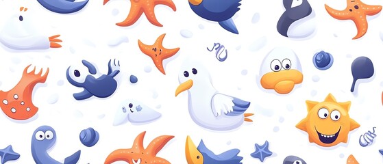 Cute cartoon seamless pattern with sea animals, stars, and sun. Perfect for kids' clothing, fabric, and wallpaper.