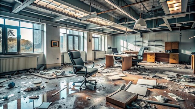 Shattered remains of a rage room's interior, with smashed furniture, broken appliances, and debris scattered everywhere, showcasing the aftermath of intense emotional release.