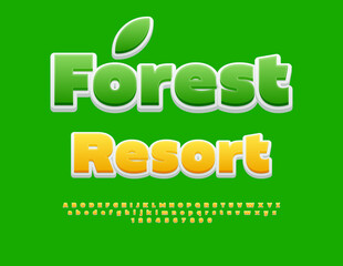 Vector eco template Forest Resort. Sunny Yellow Font. Artistic Alphabet Letters and Numbers set.