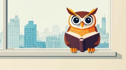 Obraz premium Wise Owl Reads, City Views. A captivating scene of urban tranquility and literary pursuit.