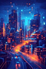 Futuristic cityscape with smart home technology and glowing circuit lines representing urban innovation and connectivity