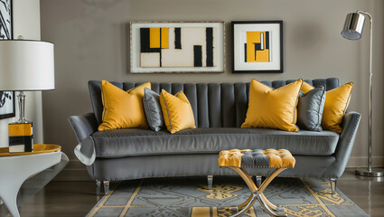 Contemporary Grey and Yellow Living Room with Artistic Wall