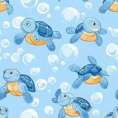 Seamless pattern of cute blue turtles swimming in the ocean with bubbles.