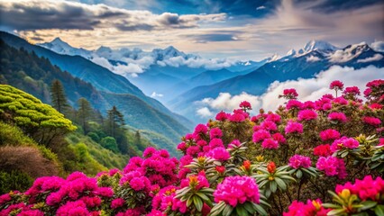 Obraz premium Vibrant rhododendron flowers bloom amidst misty Himalayan mountains at Punakha Dochula Pass, Bhutan, showcasing delicate pink petals and lush green foliage in serene natural beauty.