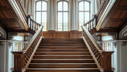 A wooden staircase with ornate railings and three windows at the top
