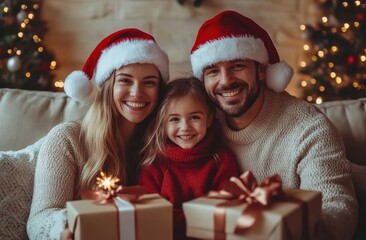 Happy family of three celebrating Christmas at home with gifts, merry smiles, and holiday cheer