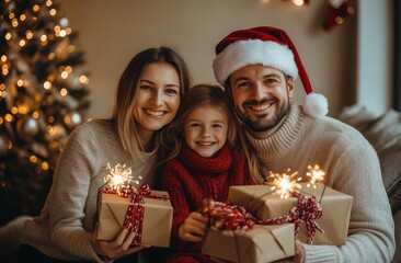 Joyful family wearing Santa hats celebrating Christmas with gifts and sparklers on a cozy evening