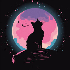 Silhouette of a cat against the moon in bright colors