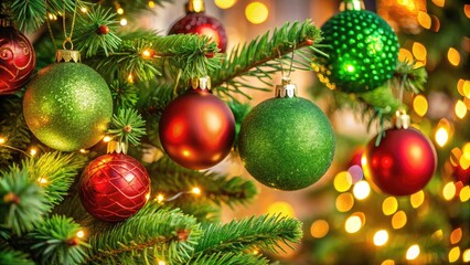 Fototapeta premium Festive Green and Red Christmas Balls Hanging Ornaments on a Beautifully Decorated Tree with Warm Holiday Lights and Soft Focus Background Perfect for Seasonal Celebrations and Decor Ideas