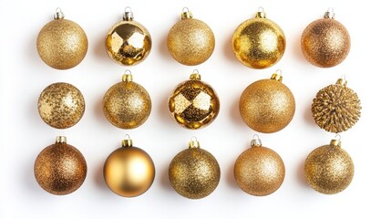 Fototapeta premium A collection of glittery and glossy golden baubles arranged in a circle, isolated on a white background, highlighting their festive shimmer and shine.