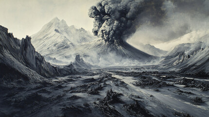 A volcanic ash field after an eruption, blanketing the ground in gray and black.