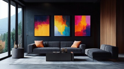 A contemporary living room design with three vibrant square canvas paintings framed on a dark black wall, paired with a comfortable gray sofa, creating a rich and elegant gallery layout.