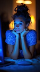 A woman is sitting on a bed with a laptop in front of her. She is looking at the screen with a serious expression