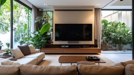 Fototapeta premium A contemporary living room with a mix of neutral tones, featuring a large flat-screen TV mounted on a sleek wooden media unit, with greenery visible through the large windows.