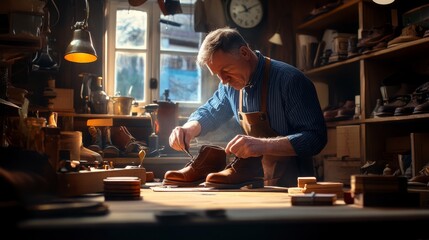 Cobbler Repairing Shoes in Workshop with Tools and Light