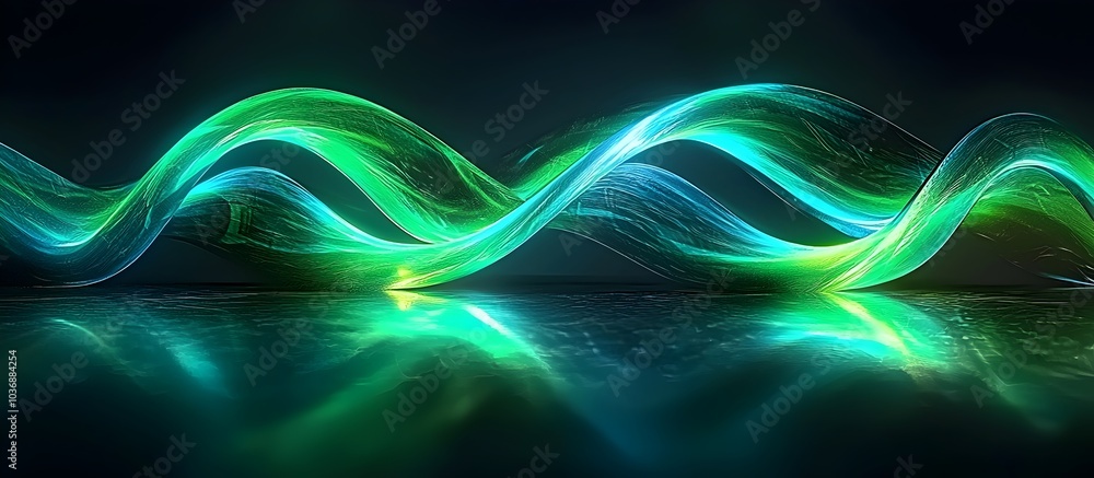 Poster abstract flowing waves of green and blue light create a mesmerizing visual on a dark background, evo