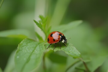 Naklejka premium A vibrant ladybug perched gracefully on a dew-kissed green leaf in nature's embrace