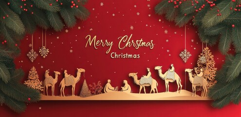 Elegant Merry Christmas card with nativity scene and three wise men traveling by camel, set against...