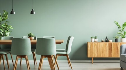 A cozy dining area with mint green chairs placed around a wooden dining table, situated near a soft green wall, with a comfortable grey sofa and a stylish wooden cabinet.