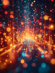 Fototapeta premium An abstract image featuring vibrant blue and orange bokeh lights, creating a mesmerizing atmosphere filled with shimmering particles and a sense of depth.