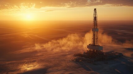 A majestic oil derrick standing tall in the heart of an expansive desert