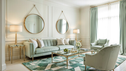 Elegant Mint Green Living Room with Gold Accents