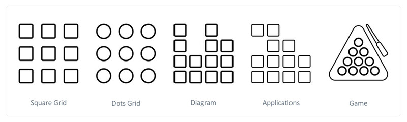 A set of 5 mix icons as square grid, dots grid, diagram