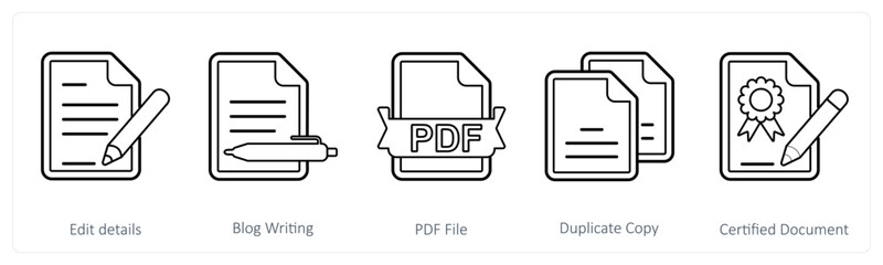 A set of 5 mix icons as edit details, blog writing, pdf file
