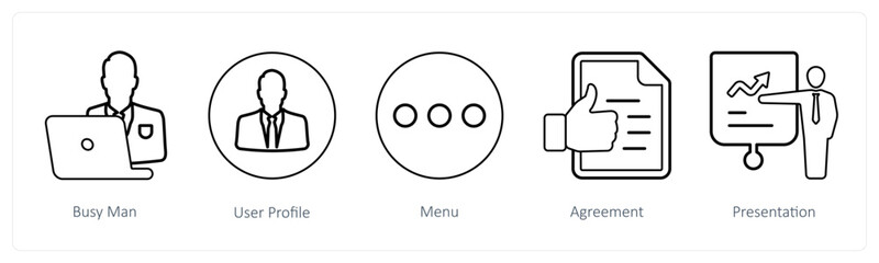 A set of 5 mix icons as busy man, user profile, menu