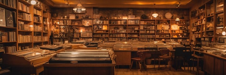 Cozy retro record shop interior with floor-to-ceiling wooden shelves, vintage posters, and warm ambient lighting casting a golden glow on vinyl album covers in a nostalgic vinyl haven.