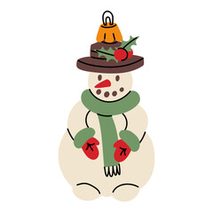A Soviet Christmas tree toy. A snowman in a hat, scarf, mittens, a glass toy. Cute illustration in vintage colors. Festive decor items for New Year and Christmas to hang on the Christmas tree