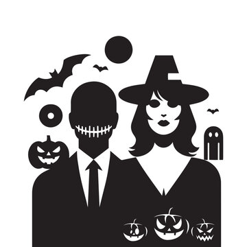 Halloween Couple Silhouette with Creepy Masks, Pumpkins, and Ghost, Witch and Masked Man Halloween Silhouette with Spooky Pumpkin Faces
Dark Halloween Duo with Ghost, Bats, and Jack-o'-Lanterns